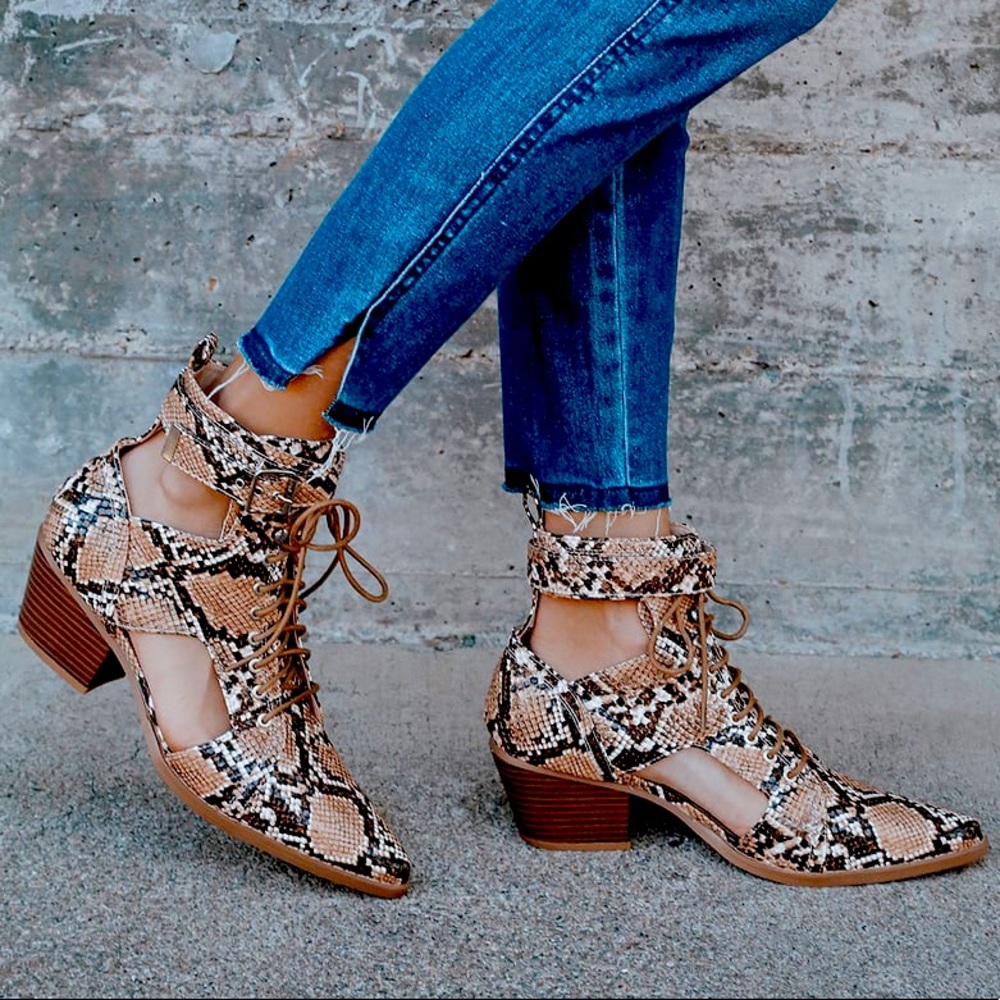 Tan Snake Print Cutout Lave-up Ankle Booties